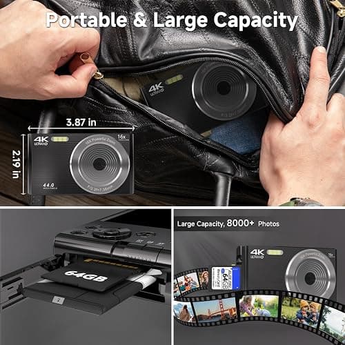 Digital Camera 4K, Upgrade Black Cameras for Teens, Autofocus Digital Point and Shoot Camera for Kids with 16X Zoom, 64GB SD Card, Compact Small Camera for Boys Girls Teens Kids Gift thumbnail 6