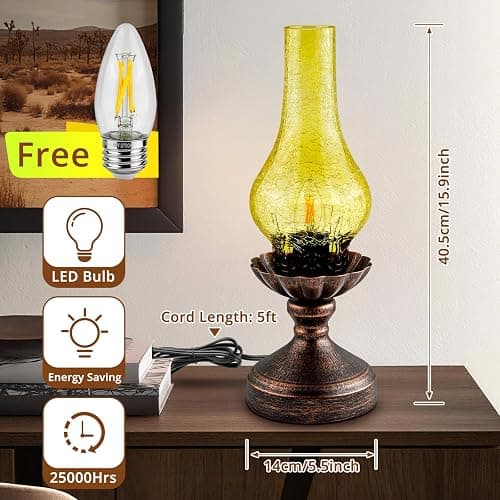 LEDIKON Touch Control Vintage Table Lamp | 3-Way Dimmable Rustic Retro Farmhouse Bedside Lamp with Amber Glass Shade and LED Bulb for Bedroom, Living Room, Cabin, Office thumbnail 5