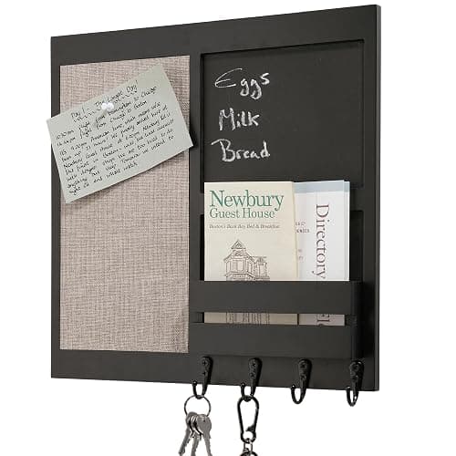 keypak Wall Mounted Memo Board with Shelf & Letter Holder - Black Chalkboard Organiser With 4 Key Hooks For Hallways, Kitchens & Entryways - Image 1