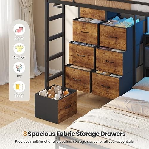 DICTAC Twin Over Twin Bunk Bed with 8 Storage Drawers and Led Lights Metal Bunk Beds with Storage Headboard and Charging Station,L-Shaped bunk Bed for Kids/Teen with Safety Guardrail and Ladder,Black thumbnail 5
