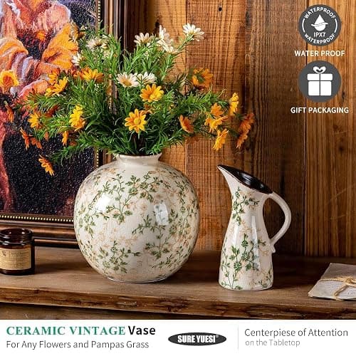 SURE YUESI Set of 2 Vases, Green and Beige Pastoral Vintage Vase Set for Flowers, Rustic Farmhouse Decorative Vases for Home Decor, Chinoiserie Floral Vase, Living Room Table Centerpiece thumbnail 5