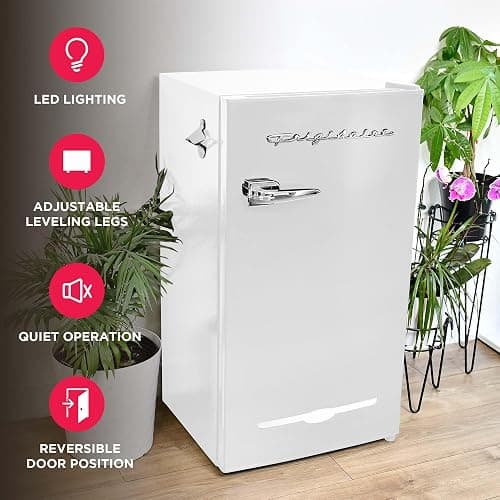 Frigidaire Retro Compact Fridge with Chiller, 3.2 cu ft Countertop Fridge with Built-In Bottle Opener, Compact Refrigerator for Office, Bedroom, Dorm Room or Cabin - 18.7"D x 19.01"W x 33.27"H (White) thumbnail 4