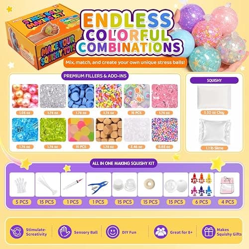 DIY Stress Ball Squishy Making Kit, Make Your Own Squishy Ball Craft Classroom Prize, 15 Empty Big Squishy Skins, 1.2 lb Fillers, 17.6 oz Slime, 3.5 oz Clay, Opening Plier, 6 Coloring, Gift-Ready thumbnail 3