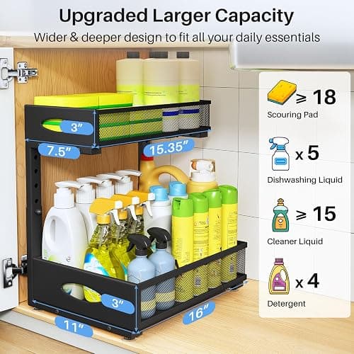 Under Sink Organizer, 2 Pack 2 Tier Pull Out Under Cabinet Organizer Shelf with Pad for Framed Cabinets, Metal Slide Out Under Sink Storage, Mesh Sliding Drawers for Kitchen Bathroom Laundry, Black thumbnail 4