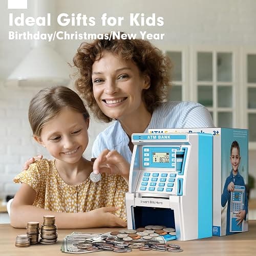 Blue Piggy Bank for Kids, ATM Machine Bank for Real Money with Debit Card, Bill Feeder, Coin Recognition, Balance Calculator, Electronic Savings Safe Box, Gifts for Teen Boy Girl thumbnail 2