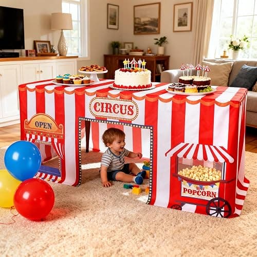 Breling 6 ft Circus Tablecloths Carnival Birthday Party Decorations Popcorn Booth Fitted Tablecloths Fort Tent 72 x 30 Inch Rectangle Washable Polyester Table Cover Party Supplies thumbnail 7