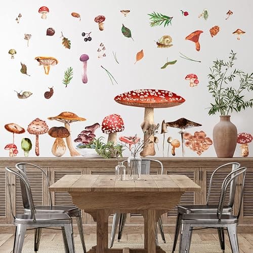Glenmal 72 Pcs Watercolor Mushroom Wall Decals Giant Mushroom Decal Walls Peel and Stick Removable Decor Wallpaper Vinyl Sticker for Bedroom Furniture(Retro Style) thumbnail 3