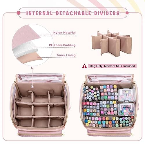 Rexmica Large Marker Organizer Case for 180 Markers, Marker Storage Bag with Dividers and 4 Pockets for Paint Markers, Paint Brushes, Colored Pencils or Other Art Supplies, Black (Patented Design) - Pink thumbnail 2