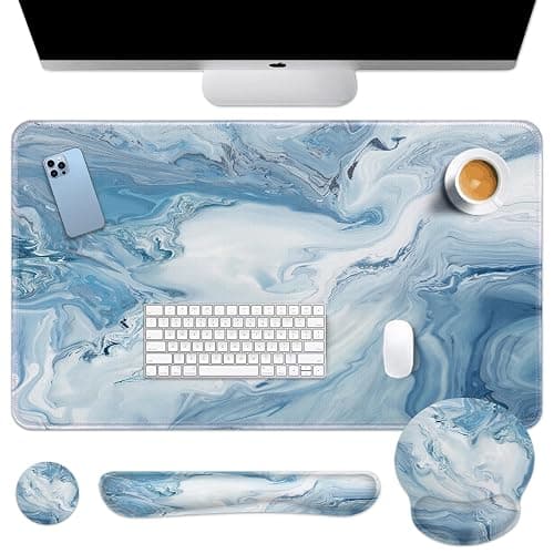 Arttown Blue White Gradient Desk Mat Abstract Ocean Marble Mouse Pad Set 4 in 1 Ergonomic Design Large Mousepad + Keyboard Wrist Rest + Mouse Wrist Rest + Coaster Suitable for Home Office Study Game - Image 1