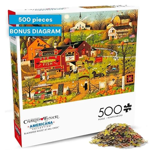 Buffalo Games - Blackbirds Roost at Mill Creek - Charles Wysocki - 500 Piece Autumn Jigsaw Puzzle for Adults - Fall Harvest Americana Scene - Cozy Puzzle for Game Nights - Image 1