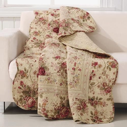 Greenland Home Fashions Antique Rose - Classic Traditional Floral - 100% Cotton Quilted Throw Blanket, 50 x 60 inches, Ecru thumbnail 2