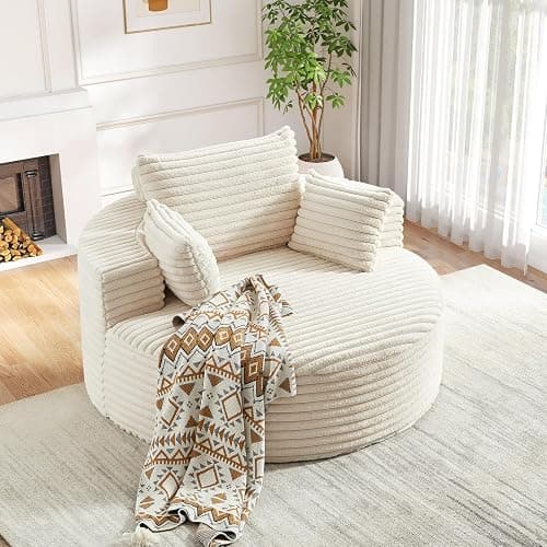 Oversized Round Chaise Longue Chair Indoor, Modern 55-inch Upholstered Corduroy Deep Seat Circle Single Cloud Lounge Floor Sofa Chair for Living Room, Bedroom Apartment, Beige thumbnail 8