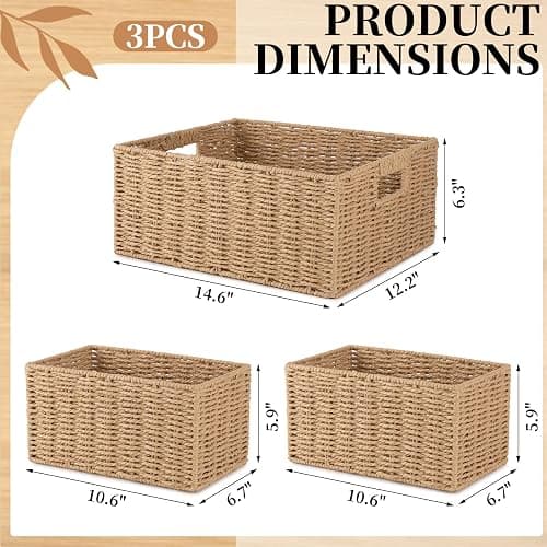 OIAHOMY Wicker Baskets for Organizing, Large and Small Shelf Baskets Set, Handwoven Bins for Storage,Paper Rope Home Organizers, Set of 3-Yellow thumbnail 3