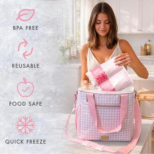 Cool Coolers by Fit & Fresh Reusable Ice Packs for Coolers – Large Long-Lasting Freezer Packs, Puncture Resistant BPA-Free Gel Ice Packs for Coolers, Lunch Boxes, Camping & Picnic, 2PK, Pink Gingham thumbnail 5