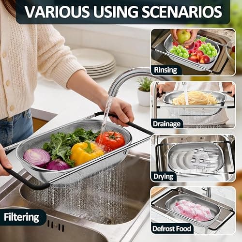 Over the Sink Colander - Strainers and Colanders - Sink Strainer Basket - Expandable Fine Mesh Strainer with Rubber Grip for Veggie, Fruits, Pasta, Home Kitchen Essentials (9.5W x 13.4-21.3L x 3.3H) thumbnail 2