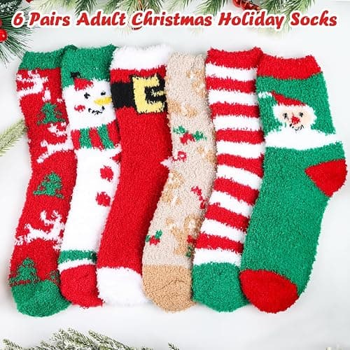 CCINEE 6 Pairs Christmas Fluffy Socks,Xmas Winter Warm Soft Socks Fuzzy Slipper Bed Socks for Christmas Holiday Party thumbnail 5