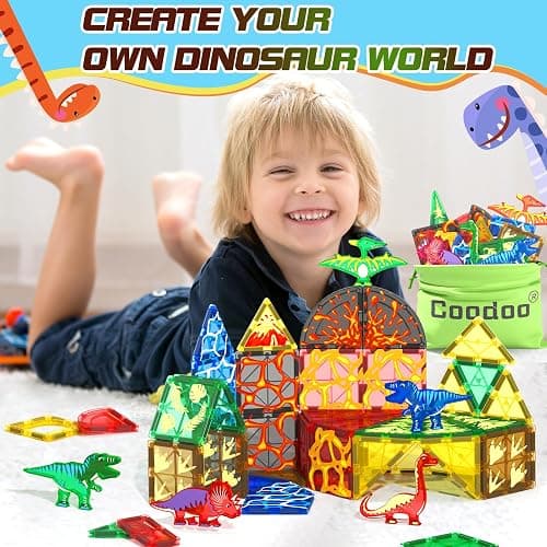 102PCS Dinosaur Toys Magnetic Tiles with 8 Dinosaurs - Jurassic Scenes Dinosaur World Adventure Set, Magnetic Blocks Kids Toys for Boys & Girls Ages 3+, Sensory Toddler Creative Kids Games Gifts thumbnail 2
