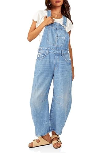 PLNOTME Womens Denim Bib Overalls Barrel Leg Adjustable Strap Jean Pants Jumpsuits with Pockets - Image 1