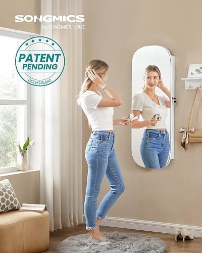 SONGMICS Jewelry Organizer, LED Jewelry Cabinet, Wall/Door Mounted | Rounded Wide Mirror with Storage, Cloud White Surface with Tan Lining, AILEAS Collection UJJC026W01 thumbnail 3