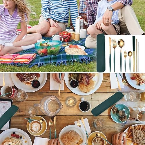AARAINBOW 8 Pieces Stainless Steel Flatware Set Portable Reusable Cutlery Set Travel Utensils Set Including Chopsticks Knife Fork Spoon Straws Cleaning Brush Dishwasher Safe (Green Golden) thumbnail 5