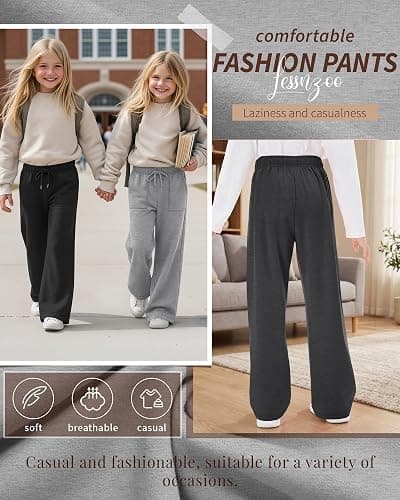 LessonZoo 3 Pack Girls' Sweatpants Wide Leg Drawstring Cargo Kids Joggers Open Bottom Loose Teen Pants with Pockets Sports thumbnail 4