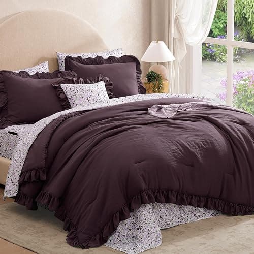 BLOOMHAVEN Full Comforter Set - 7 Pieces Ruffle Purple Bedding Sets, Shabby Chic Farmhouse Bed in a Bag Full with Ruffle Comforter, Floral Sheets, Pillowcases & Shams thumbnail 5