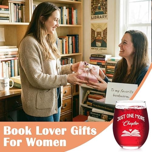 Zunaked Book Lover Gifts for Women - Novelty Bookish Gifts for Readers, Bookworms, Librarians - Wine Gift for Women, Mom, Friend, Birthday - Just One More Chapter 19 oz Stemless Wine Glass thumbnail 4