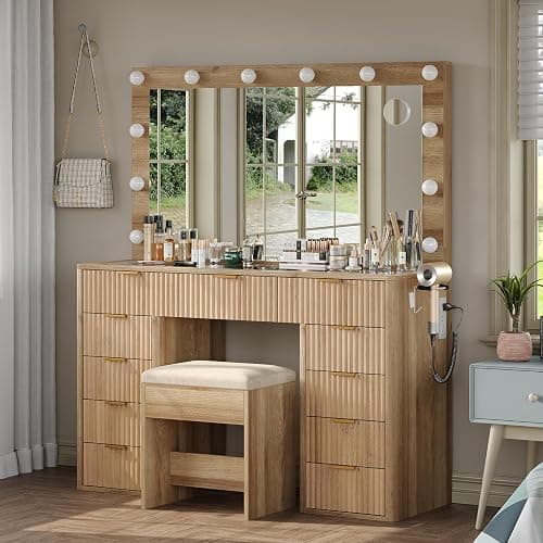 Cozynome 47" Vanity Desk with 3-Color LED Mirror & 11 Drawers, Fluted Makeup Vanity with Glass Top, Charging Station (2 Outlets, 2 USB), Includes Vanity Stool, for Bedroom, Natural thumbnail 4
