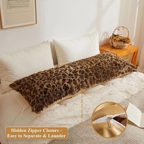 XeGe 20x54 Fluffy Faux Fur Leopard Print Body Pillow Cover, Cheetah Brown | Plush Fuzzy Faux Fur Body Pillowcase with Zipper, Farmhouse Shaggy Furry Long Pillow Cover For Pregnant Women Side Sleeper thumbnail 3