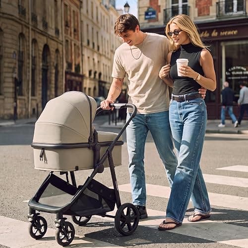 Mompush Wiz 2-in-1 Bassinet Stroller Reversible Seat, One-Hand Fold, Khaki | Newborn to toddler, large wheels with suspension, multi-position recline, UPF 50+ canopy, large basket, cup holder included thumbnail 2