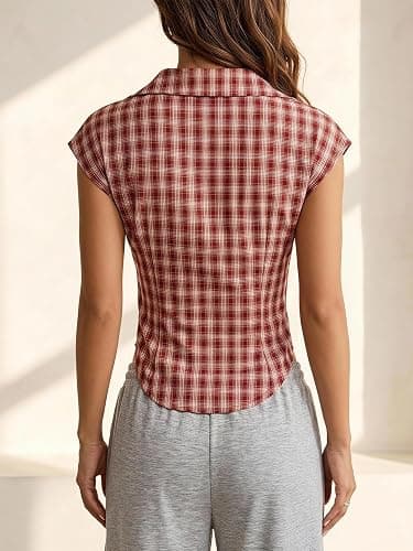 SweatyRocks Women's Sexy Deep V Neck Plaid Preppy Shirt Tops Cap Sleeve Asymmetrical Y2k Going Out Blouse thumbnail 2