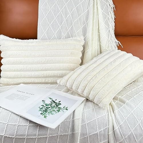 12x20 Throw Pillow Covers Set of 2, Decorative Faux Fur Covers for Bed, Couch Soft Fluffy Pillow Cover with Velvet Back for Living Room, Neutral Home Décor Accent for Sofa - Cream White thumbnail 3
