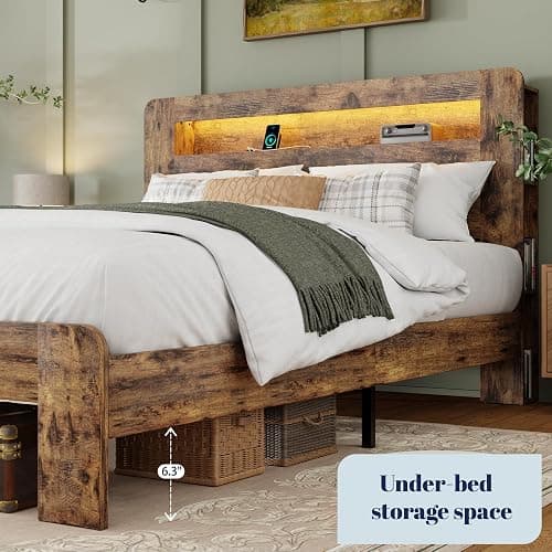 PAUKIN Full Size Wooden Bed Frame with Storage Headboard, Platform Bed Frame with Charging Station and LED Lights, Sturdy Slats, No Box Spring Required, Silent Operation, Easy to Assemble, Brown thumbnail 8