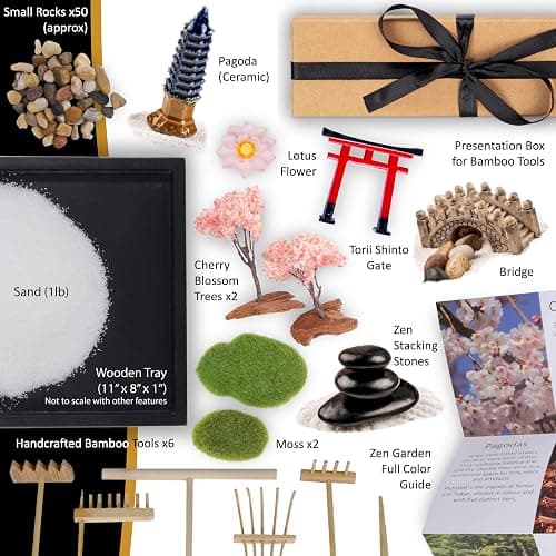 Island Falls Home Zen Garden Kit 11x8 Beautiful Premium Japanese Mini Sand Garden Meditation Gift Set for Home & Office Desk Accessories. Zen Sand, 6 Tools, 15 Features. Mindfulness Gifts Decor Women thumbnail 3