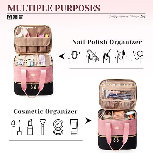 BAGMIND Nail Polish Organizer, Double Layer Nail Organizer and Storage Box Holds 42 Bottles & Nail Tech Kit Supplies, Large Capacity Nail Polish Organizer Case Carrying Bag thumbnail 5