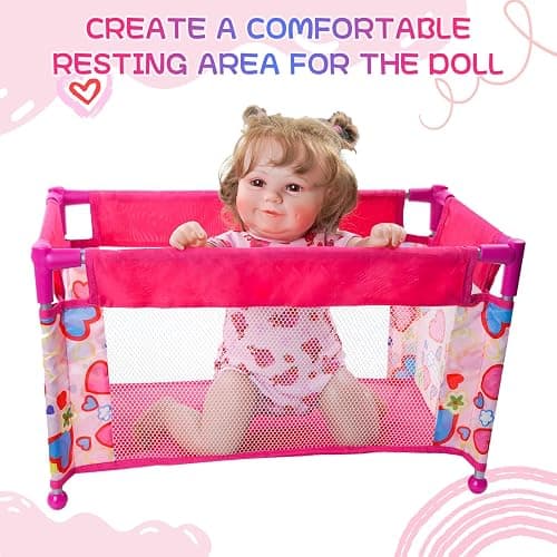 BABESIDE Baby Doll Crib for 18 Inch Dolls, Baby Doll Bed with Cute Pink Heart Storage Bag Accessories, Toy Crib Doll Furniture Gift for Girls Age 3+ thumbnail 8