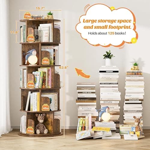 Aheaplus Rotating Bookshelf, 360 Display Wood Spinning Bookshelf Tower, 5 Tier Floor Standing Bookcase Storage Rack, Revolving Bookcase Corner Bookshelfs for Small Space, Study, Bed Room, Rustic Brown thumbnail 3