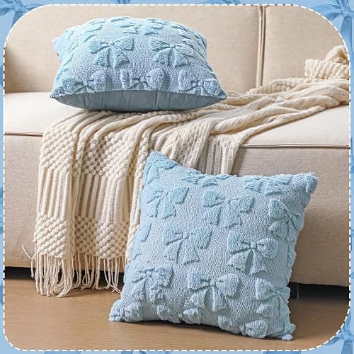 Mixweer Blue Bow Pillow Covers Set of 2 Preppy Room Decor Coquette Cute Spring Summer Decorative Faux Fur Soft Bowknot Stuff Fluffy Plush Aesthetic Pillowcase for Bed Sofa Couch (18 x 18 Inch) thumbnail 5