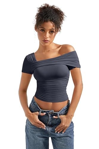 SUUKSESS Women One Off The Shoulder Summer Tank Tops Ruched Short Sleeve Shirts thumbnail 2