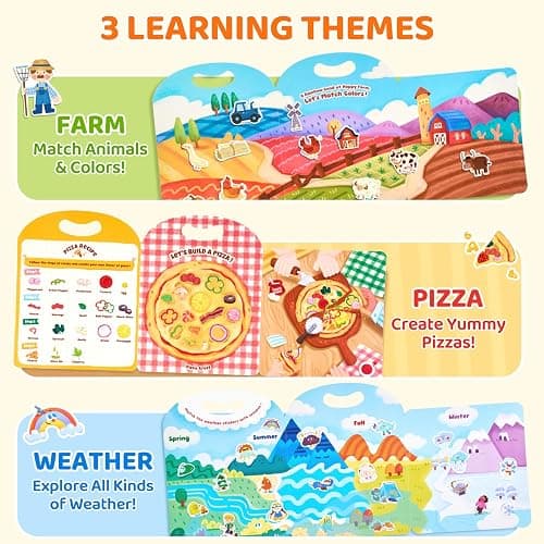 JoyCat Reusable Sticker Book Set (3-Pack): Farm, Pizza-Making, Weather - 90 Pcs Stickers for Toddlers, Kids Sticker Activity Book, Road Trip Travel Toys, Birthday Gifts for Boys and Girls thumbnail 2