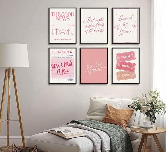 6pcs Pink Christian Bible Wall Art Religious Preppy Painting Picture Wall Decor Pink Christian Encouragement Poster Print Artwork for Bedroom Living Room Office Dorm Room Decoration Unframed thumbnail 6