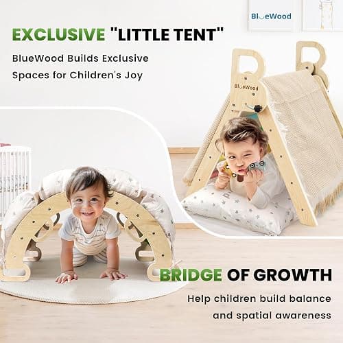 BlueWood Pikler Triangle Set with Cushion - Climbing Toys for Toddlers 9-in-1, Montessori Philosophy Play Jungle Gym with Arch, Ramp, Ladder (Rainbow) thumbnail 3