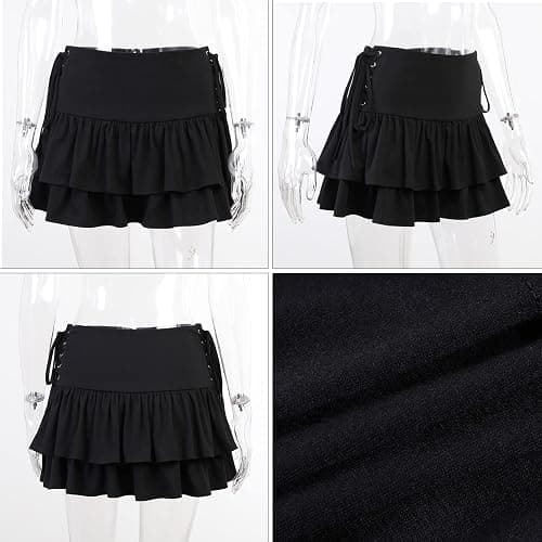 XKBHYD Womens Ruffle Tie Close Skirts Black Mini Skirt High Waist Goth Punk Skirt Girls Pleated Skirt Summer thumbnail 7