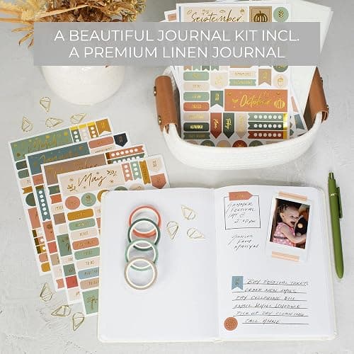 ZICOTO Ultimate All-in-One Journaling Kit - Incl. Journal Notebook With Linen Hardcover and Dotted Pages, Stencils, Stickers, Washi Tapes, Paper Clips and More Bullet Checklist Supplies thumbnail 3