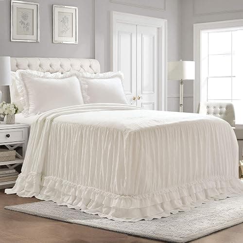 Lush Decor Ella Ruffle Lace Bedspread, 3 Piece Set, Queen, White - Cute Bed Set - Queen Bedding - White Bedding - Coquette Decor - Ruffle Trim - Lace Trim - Image 1