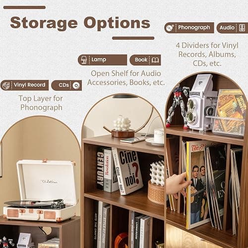 KOMFOTTEU Meuble Platine Vinyle avec 2 Prises Standard européenne, 1 USB,1 Type-C, Meuble Tourne-Disque, 5 Casiers, Table d’Appoint Multifonction, Pieds Métals, 48 x 40 x 88 cm (Couleur Noye) thumbnail 4