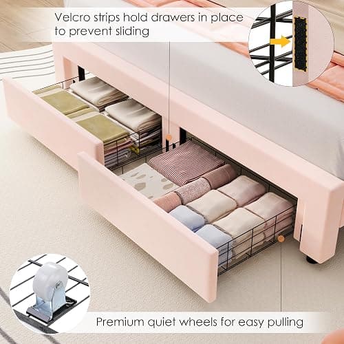 HIFIT Full Size Upholstered Smart LED Bed Frame with 2 Storage Drawers and Adjustable Chic Double Petal Headboard, Princess Platform Bed for Girls, Solid Wood Slats Support/No Box Spring Needed, Pink thumbnail 7