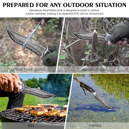 10.4''Damascus Bowie Hunting Knife | Full Tang Fixed Blade with VG10 Core & Leather Sheath,Adventure,Survival,Hiking,Camping,Ideal Gift Knives for men women, thumbnail 7