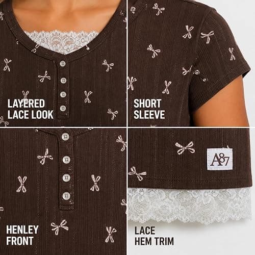 AEROPOSTALE Girls Henley Shirts, Short Sleeve 2fer Lace Trim Top, Y2K 7-16 | Layered Look at Neck and Hem, Pairs with Denim, Skirts, or Leggings, Classroom to Weekend Wear, Delicate Detailing thumbnail 4