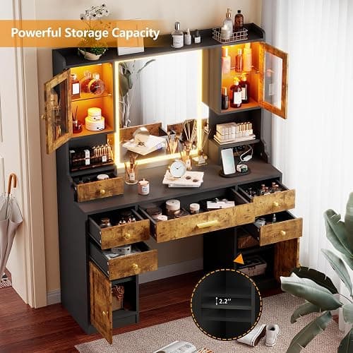 CSZZD Makeup Vanity Desk with Mirror and Lights in 3 Colors, Dressing Vanity Table with Charging Station, Large Vanity Mirror with 6 Storage Drawers & 2 RGB Cabinets for Girls, Women, Rustic Brown thumbnail 6